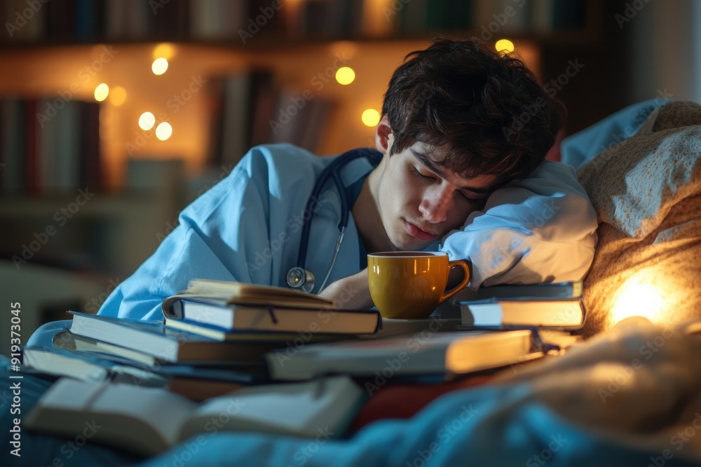 Exhausted Medical Student Studying Late Night with Books and Coffee, Struggling with Fatigue and Stress. Exhausted Medical Student Studying Late Night with Books and Coffee, Struggling with Fatigue and Stress.