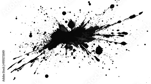 Abstract Black Ink Splatter on White Background - Dynamic, Irregular, Spiky, Paint Splash with Textured Edges