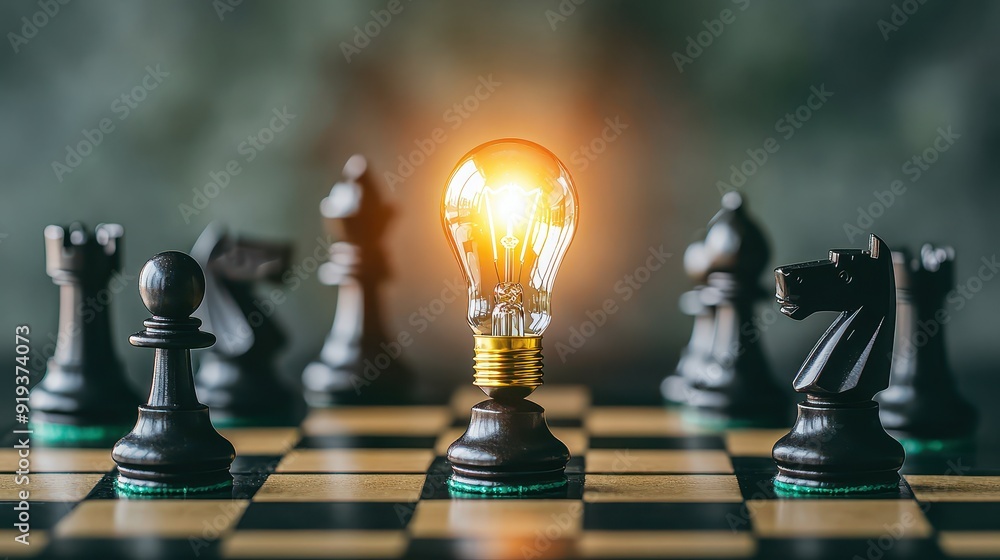 A chessboard with a lightbulb replacing the king piece, representing strategic innovation in decisionmaking