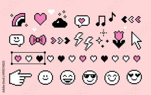 Pixel art style elements pack. Smile, heart, music note, sparkle and cool simple geometric shape. Mood of 90's aesthetics. 8-bit retro style pixelated vector illustration