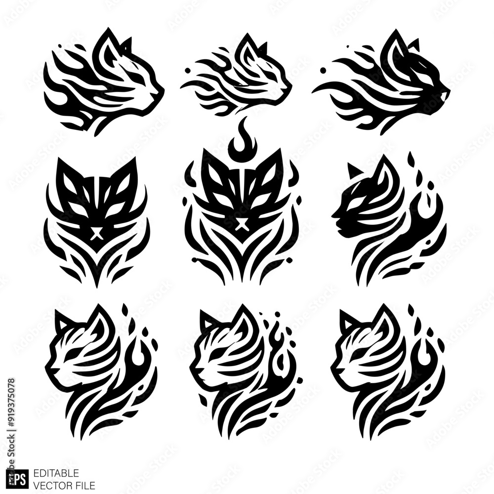 set of tribal cat tattoo vector graphic design black and white clip art silhouette set of tribal cat tattoo vector graphic design black and white clip art silhouette