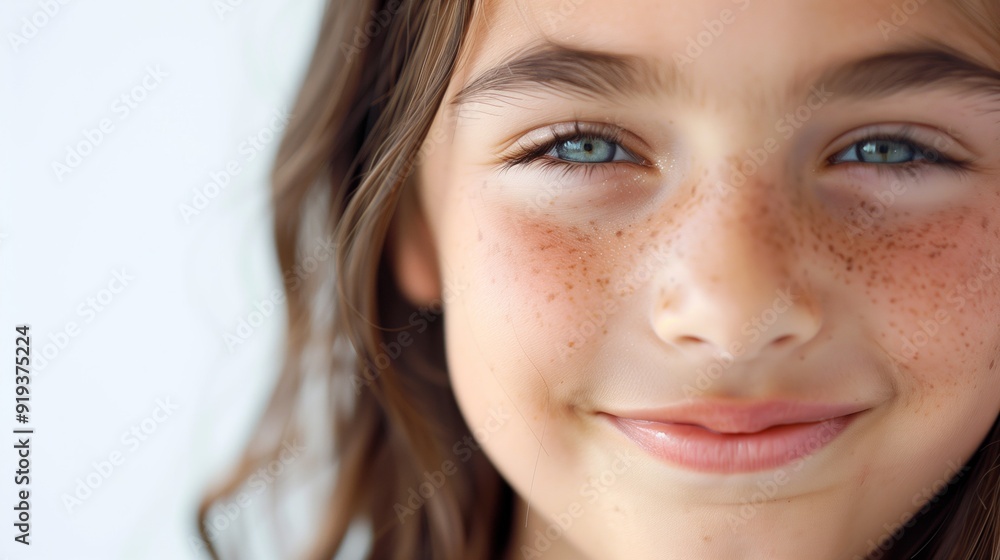 A young girl with blue eyes and brown hair is smiling A young girl with blue eyes and brown hair is smiling