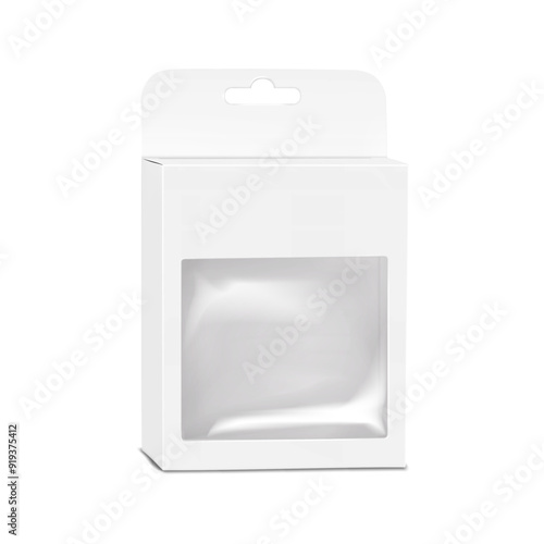 Blank thin white paper box with square clear plastic window and euro slot hanger. Realistic 3d vector mock-up. Cardboard box with hanging hole. Mockup. Empty carton packaging. Template for design