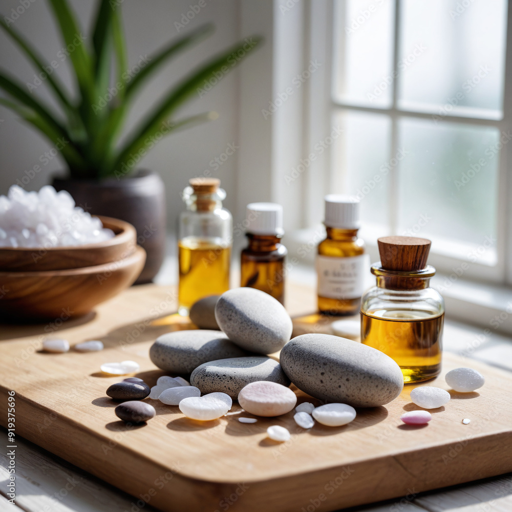 Spa Corner in the Bathroom with Natural Oils and Stones Spa Corner in the Bathroom with Natural Oils and Stones