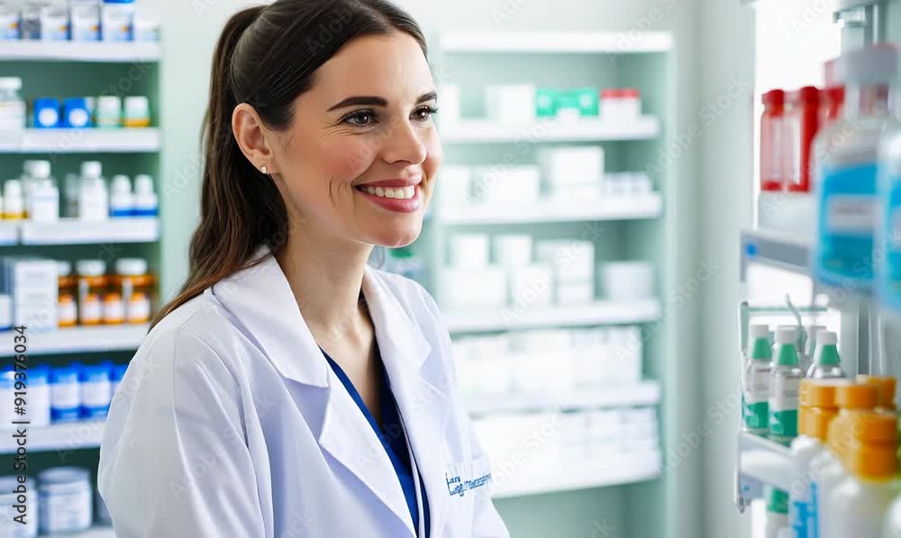 Head and shoulders shot video of a welcoming pharmacist at a pharmacy counter offering health advice Head and shoulders shot video of a welcoming pharmacist at a pharmacy counter offering health advice