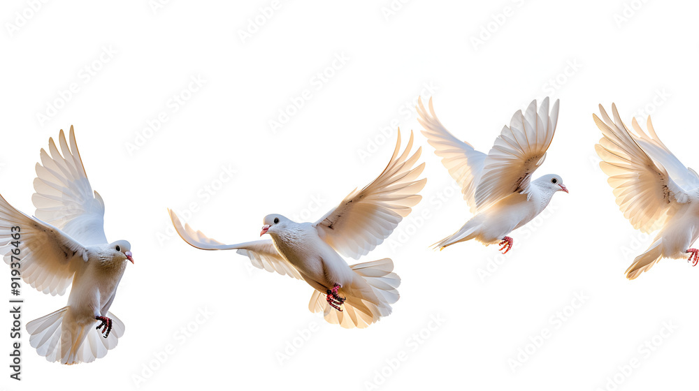 Obraz premium Flying birds formation of pigeons many isolated for backgound spring ai generative..