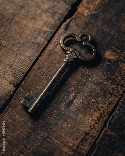 Ornate Antique Skeleton Key on Dark Wooden Planks Vintage Lock Mystery Secret Access Old Fashioned Decorative Rustic Texture Historical Artifact Close-up