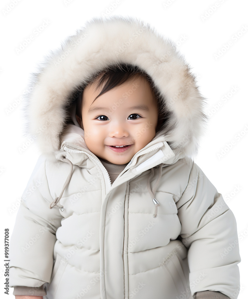 Asian little baby boy wearing white winter jacket and smiling Asian little baby boy wearing white winter jacket and smiling
