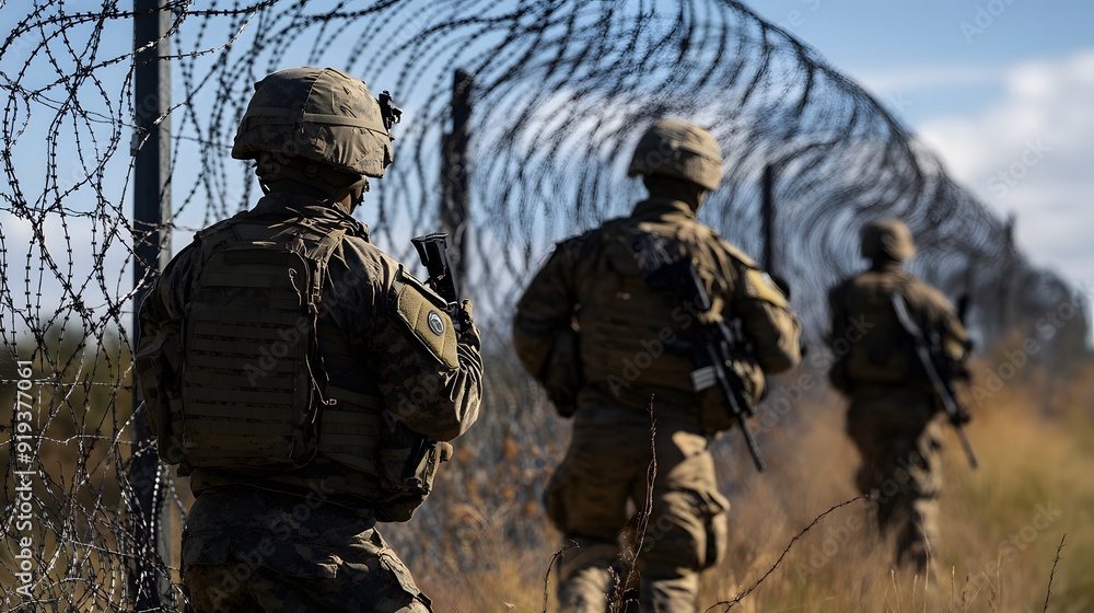 The U.S. military is patrolling the border with barbed wire fence and soldiers. American soldiers in action on the US-Mexico border wall background. The U.S. military is patrolling the border with barbed wire fence and soldiers. American soldiers in action on the US-Mexico border wall background.