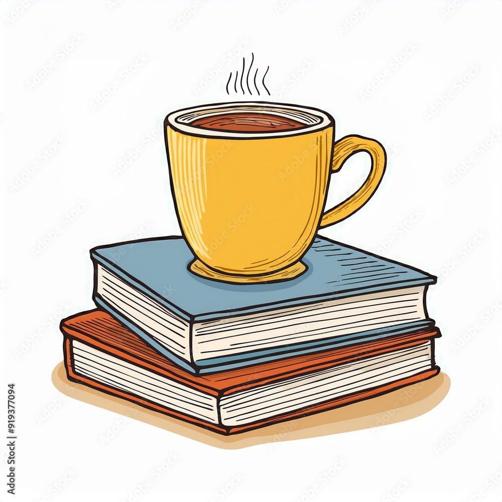 Naklejka premium Cup of tee or coffee on a stack of books. Hand drawn vector illustration isolated on white background.