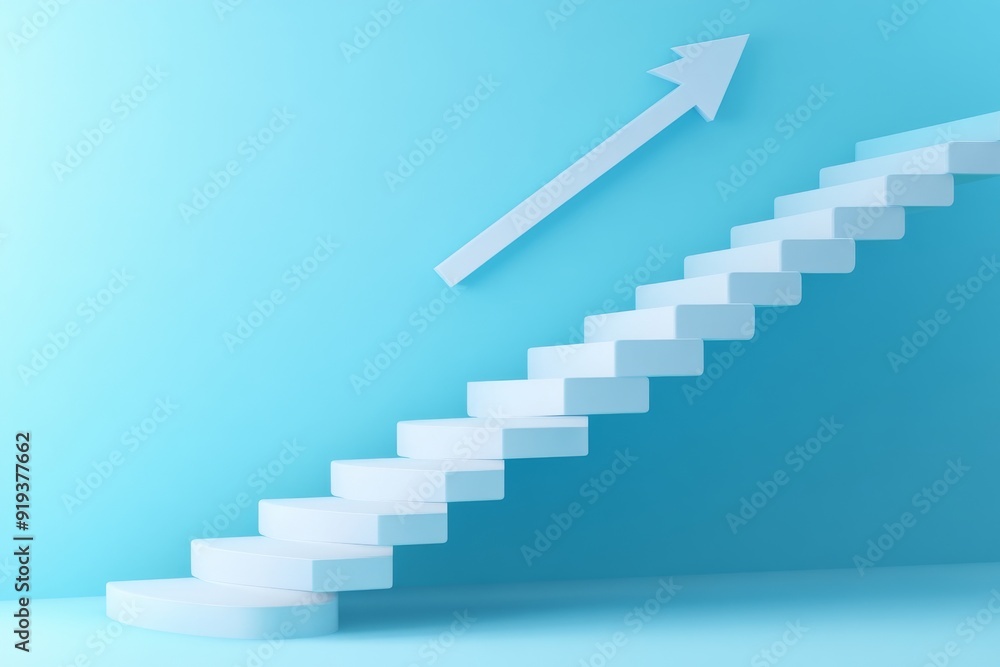 A blue background with blue stairs pointing upwards A blue background with blue stairs pointing upwards