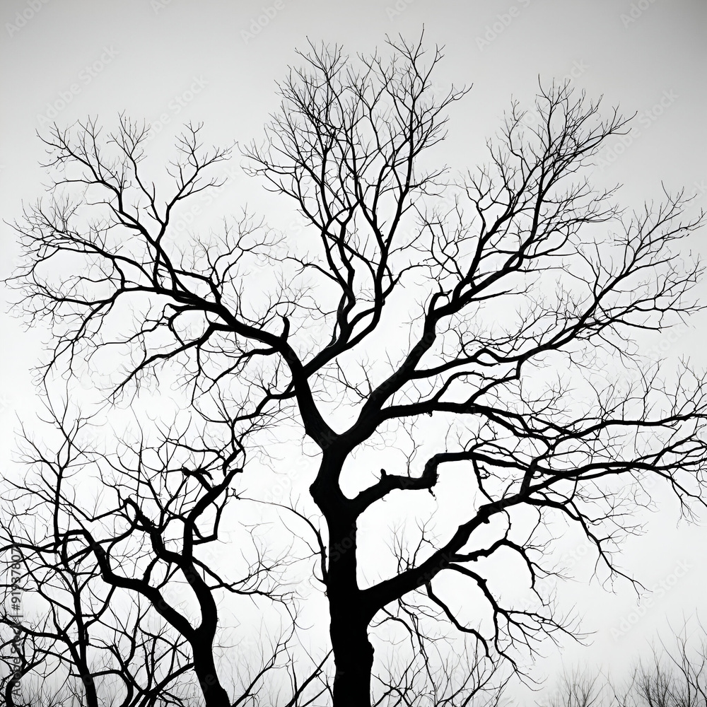Obraz premium Leafless Oak tree branches silhouette. Black and white. Natural oak tree branches silhouette on a white background. Silhouettes of a dark gloomy forest with textured trees on a gray white background.