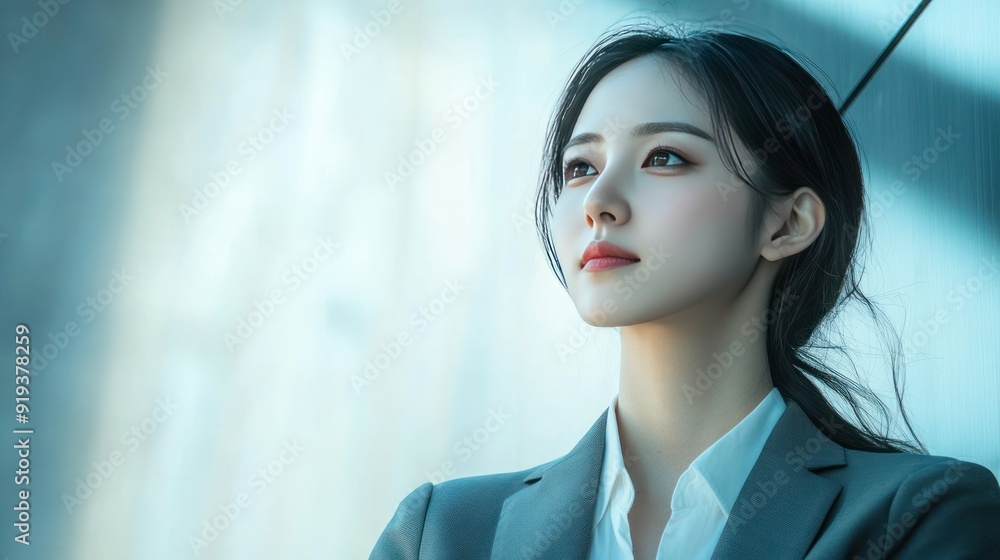 A young woman in a suit looks thoughtfully into the distance. A young woman in a suit looks thoughtfully into the distance.