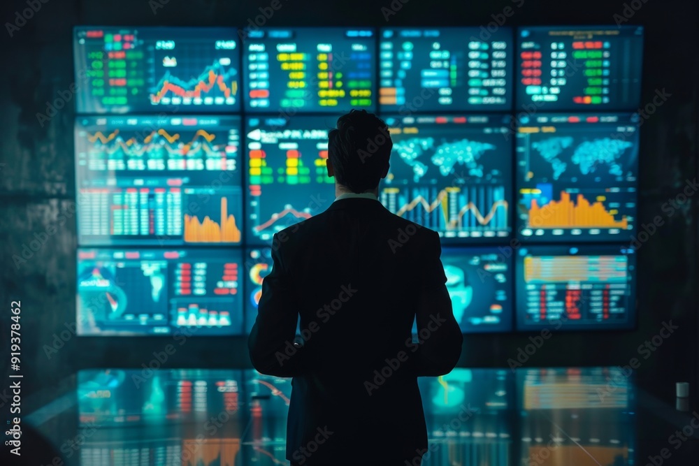 Businessman analyzing complex financial data on multiple large screens in a modern office environment. Focus on stock market graphs and charts, suggesting financial trends and analysis. Generative AI Businessman analyzing complex financial data on multiple large screens in a modern office environment. Focus on stock market graphs and charts, suggesting financial trends and analysis. Generative AI