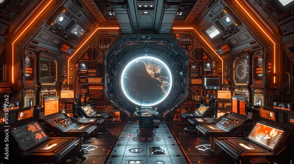 Futuristic Spaceship Interior with Earth View Futuristic Spaceship Interior with Earth View