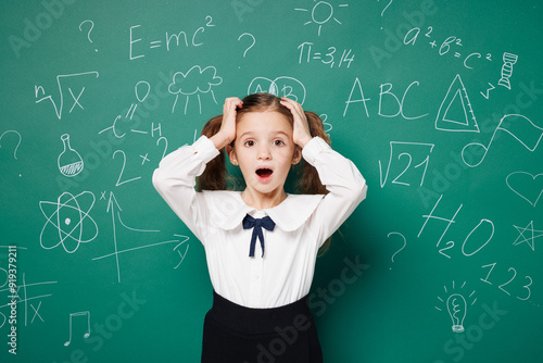 Little surprised school girl 7-8 years old pony tails wear white shirt uniform put hands on head look camera isolated on green blackboard background studio. Childhood kids education lifestyle concept.