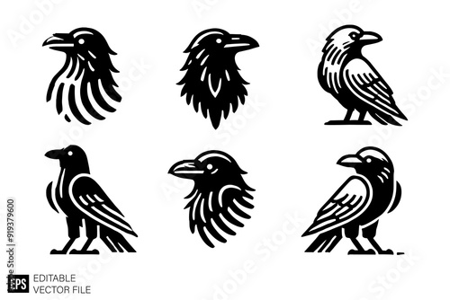 set of raven Graphic Design Elements Vector Silhouette Clip Art Black and White  Illustrations