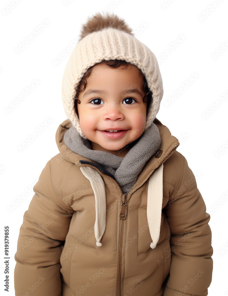 Portrait of mixed race toddler wearing warm winter clothes and smiling