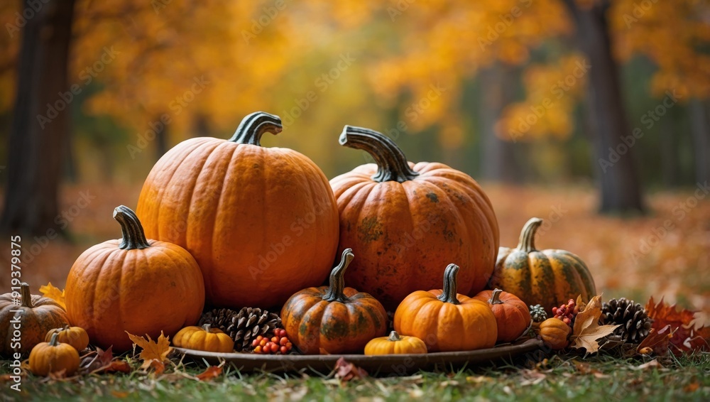 Thanksgiving Day - themed autumn background with pumpkins Thanksgiving Day - themed autumn background with pumpkins