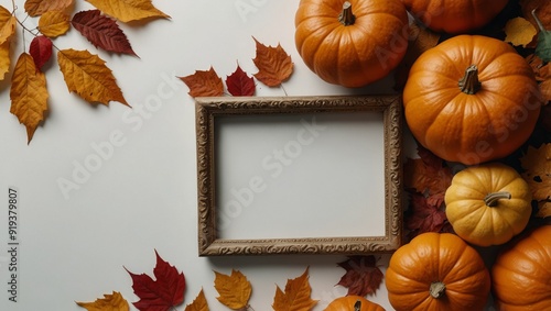 Thanksgiving day background with pumpkins, fall leaves. Autumn harvest. Banner for site. White plain background. Frame with Free space for text