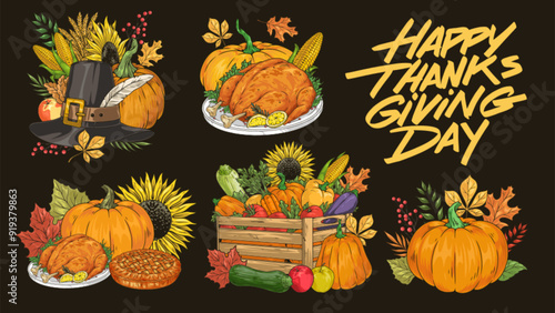 Thanksgiving day set stickers colorful