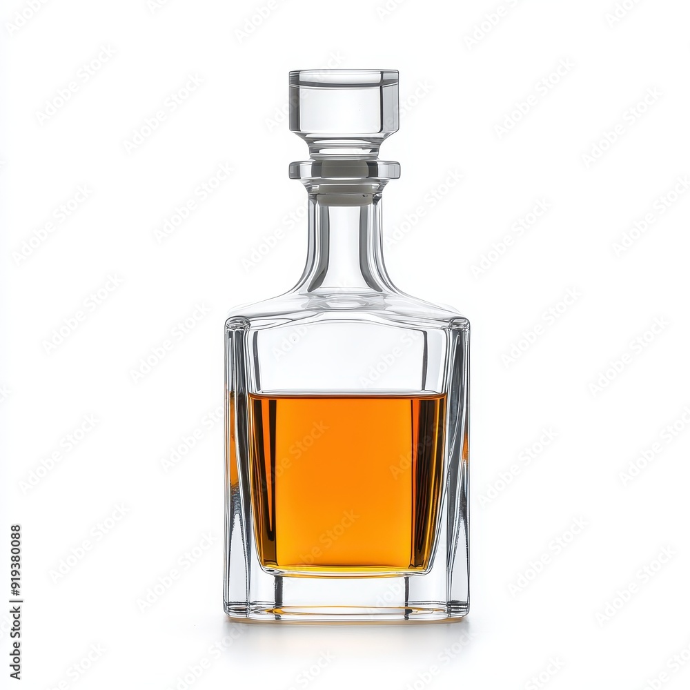 Elegant crystal decanter with glass stopper filled with amber liquid on a white background Elegant crystal decanter with glass stopper filled with amber liquid on a white background