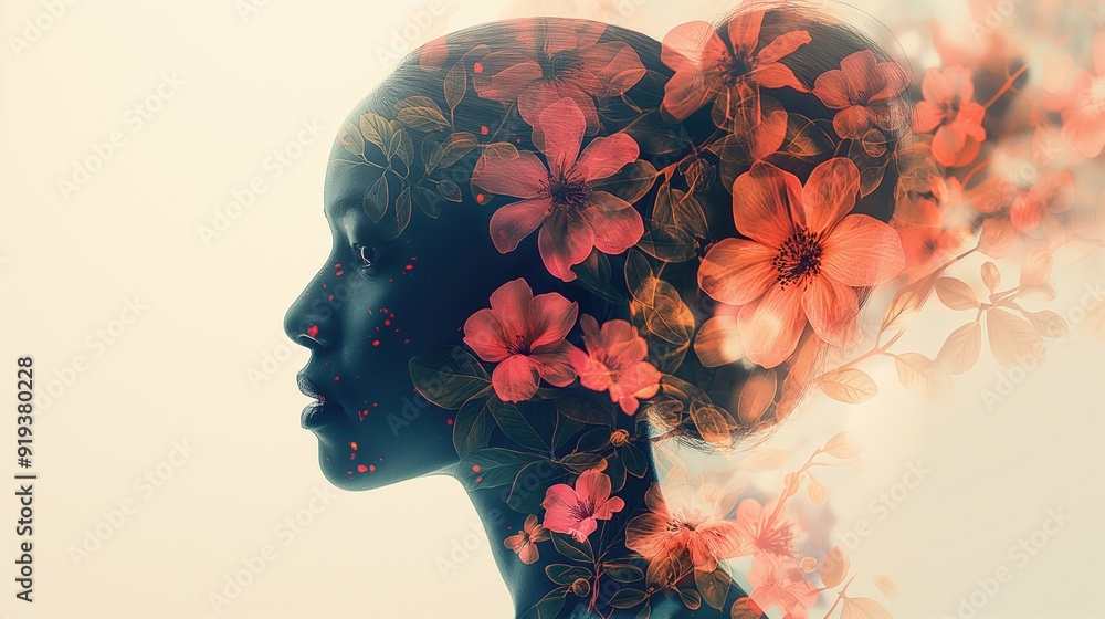 Serene Beauty in Bloom: Woman with Floral Headdress Celebrating International Women's Day Serene Beauty in Bloom: Woman with Floral Headdress Celebrating International Women's Day