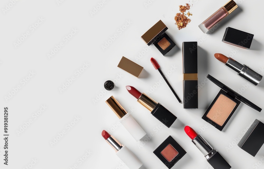 Makeup collection: lipstick, eye shadow, nail polish on white background. Makeup collection: lipstick, eye shadow, nail polish on white background.