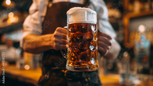 Oktoberfest. Waiter in traditional Bavarian costume serves beer, close-up.