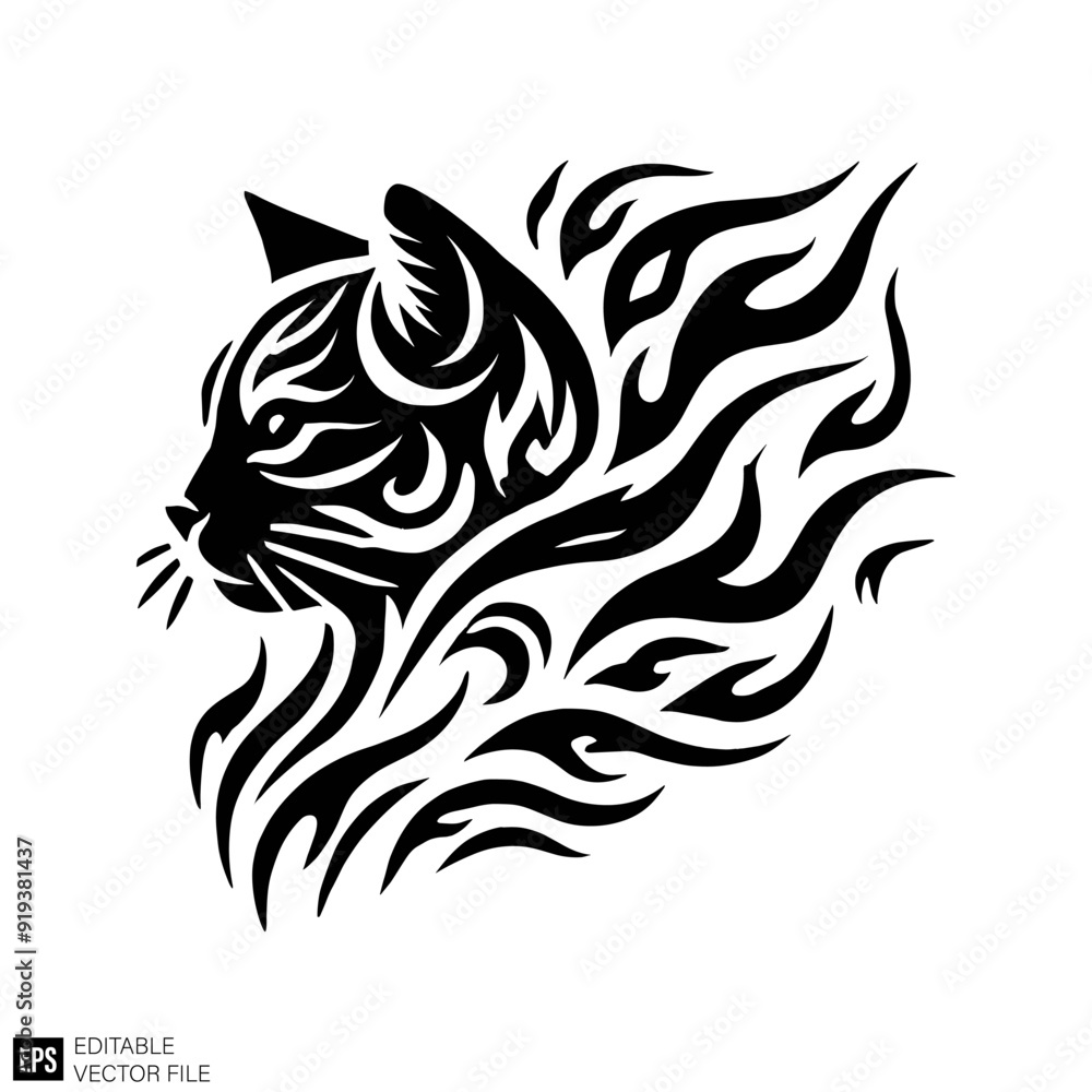 set of tribal flame cat head tattoo Graphic Design Elements Vector Silhouette Clip Art Black and White Illustrations set of tribal flame cat head tattoo Graphic Design Elements Vector Silhouette Clip Art Black and White Illustrations