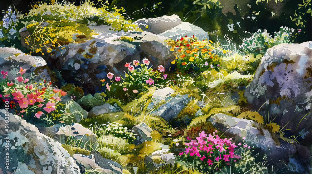 Lush watercolor of a rock garden, vibrant flowers, moss-covered rocks, soft sunlight ,Ultra-High Detail, Ultra-Realistic Lush watercolor of a rock garden, vibrant flowers, moss-covered rocks, soft sunlight ,Ultra-High Detail, Ultra-Realistic