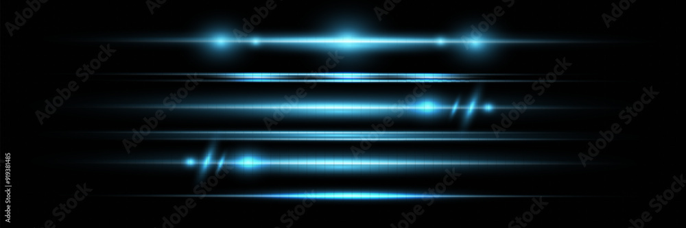 Blue horizontal lens flares pack. Laser beams, horizontal light rays. Beautiful light flares. Glowing streaks on dark background. Luminous abstract sparkling lined background. Blue horizontal lens flares pack. Laser beams, horizontal light rays. Beautiful light flares. Glowing streaks on dark background. Luminous abstract sparkling lined background.