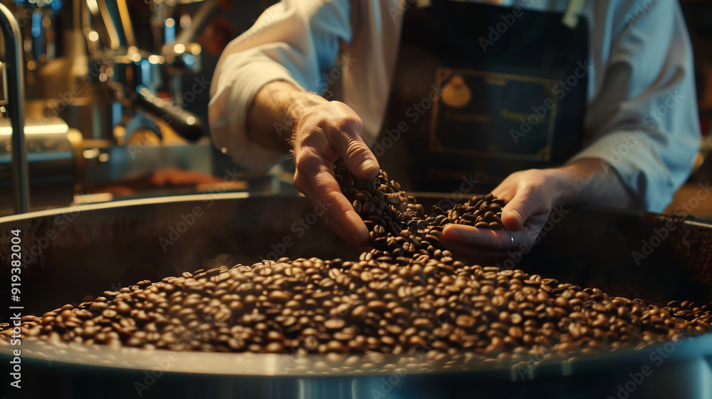 A worker holds coffee beans in his hands and checks the quality of the coffee after it is roasted in a coffee machine. A worker holds coffee beans in his hands and checks the quality of the coffee after it is roasted in a coffee machine.