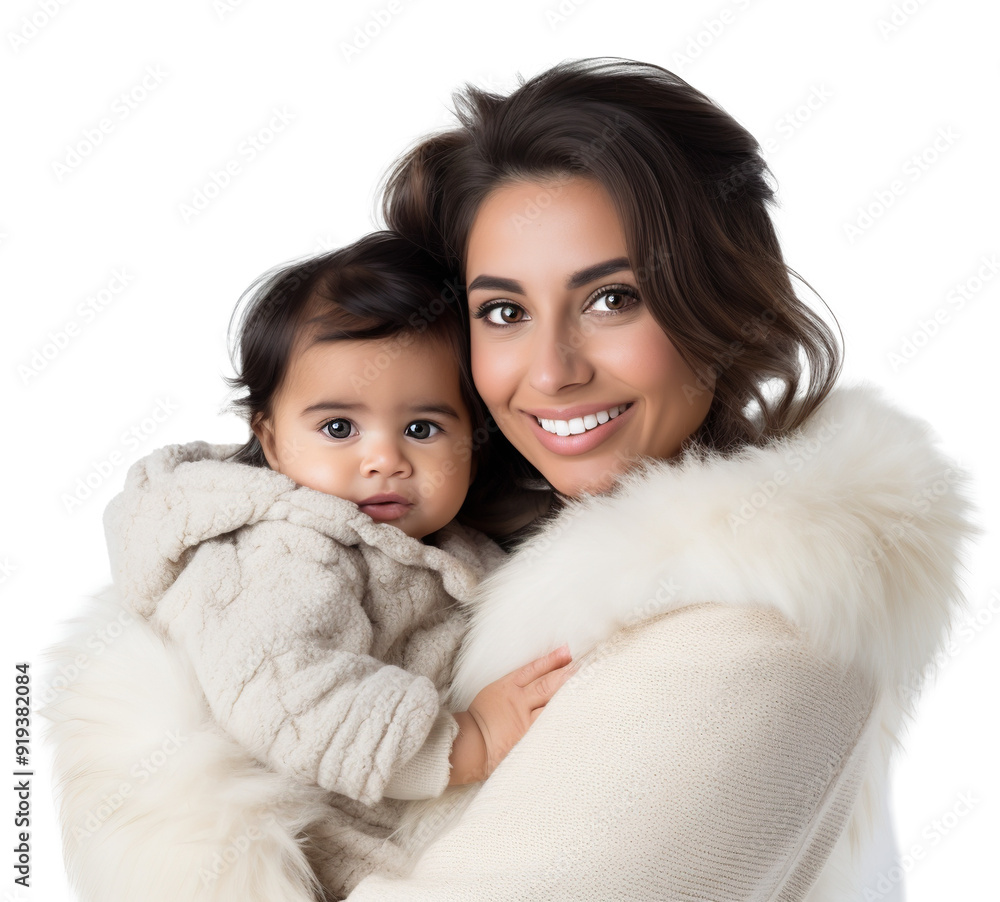 Beautiful Indian mother holding her baby in her arms, wearing white winter outfit Beautiful Indian mother holding her baby in her arms, wearing white winter outfit