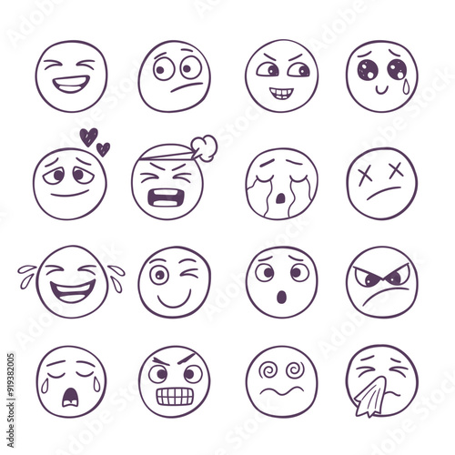 Cool hand drawn emoticons set with different emotions