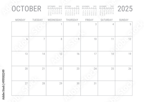October Calendar 2025 Monthly Planner Printable A4 Monday Start	