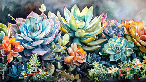 Lush watercolor of a succulent garden, vibrant echeveria, aloe, agave, soft sunlight ,Ultra-High Detail, Ultra-Realistic