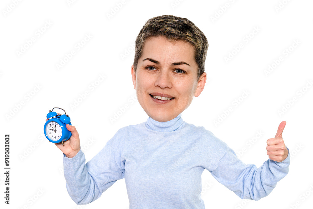 Person With Large Head Holding Blue Alarm Clock and Giving Thumbs up on White Background Person With Large Head Holding Blue Alarm Clock and Giving Thumbs up on White Background