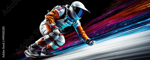 Dynamic astronaut in space gear racing through cosmic colors in a surreal art piece showcasing motio photo