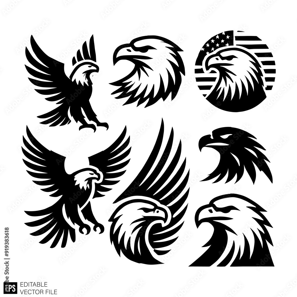 set of eagle head Clip Art Black and White Illustrations Graphic Design Elements Vector Silhouette set of eagle head Clip Art Black and White Illustrations Graphic Design Elements Vector Silhouette