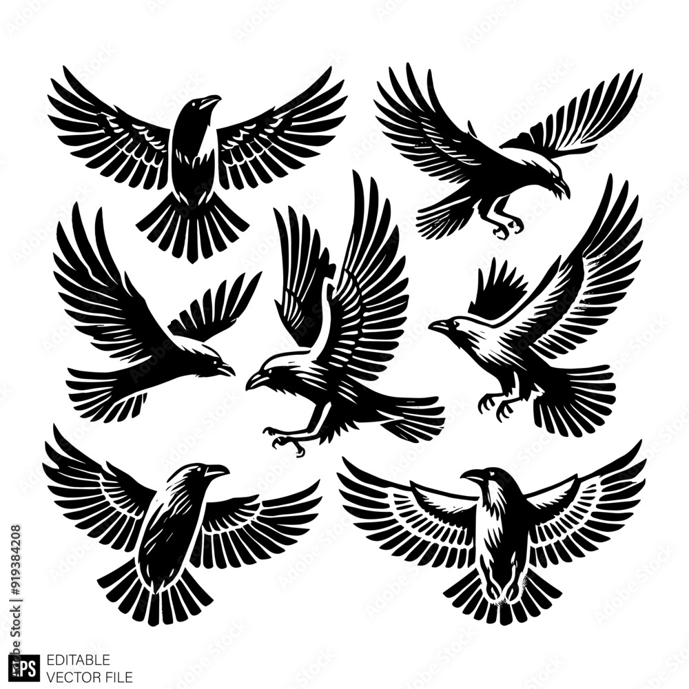 set of raven Clip Art Black and White Illustrations Graphic Design Elements Vector Silhouette set of raven Clip Art Black and White Illustrations Graphic Design Elements Vector Silhouette