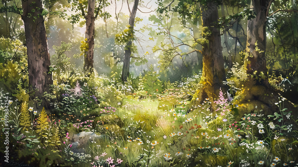 Lush watercolor of a woodland garden, wildflowers, moss-covered trees, soft sunlight ,Ultra-High Detail, Ultra-Realistic Lush watercolor of a woodland garden, wildflowers, moss-covered trees, soft sunlight ,Ultra-High Detail, Ultra-Realistic