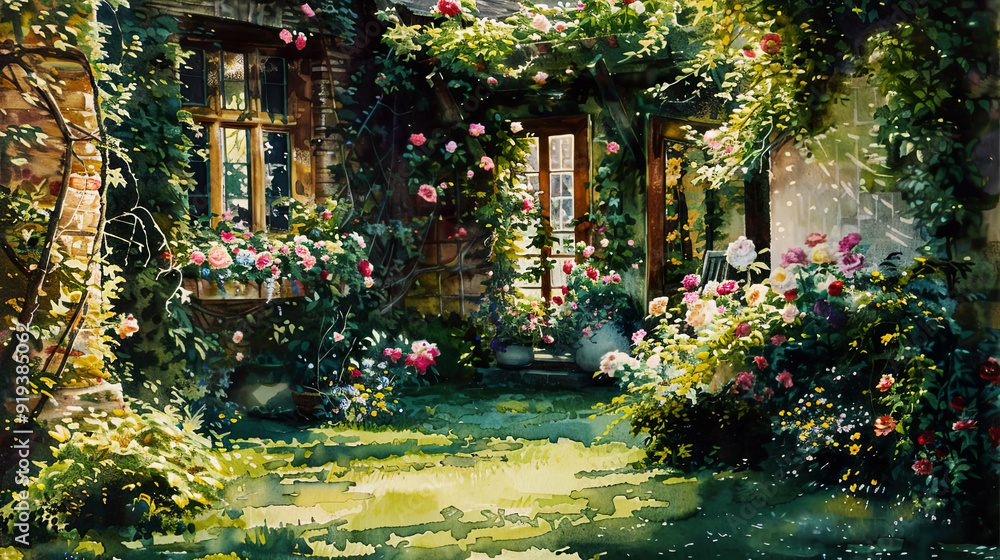 Fototapeta premium Picturesque watercolor of an English cottage garden, lush greenery, roses in full bloom, ivy-covered trellis, golden hour light