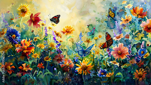 Realistic watercolor of a butterfly garden, colorful blooms, butterflies, bright morning light ,Ultra-High Detail, Ultra-Realistic