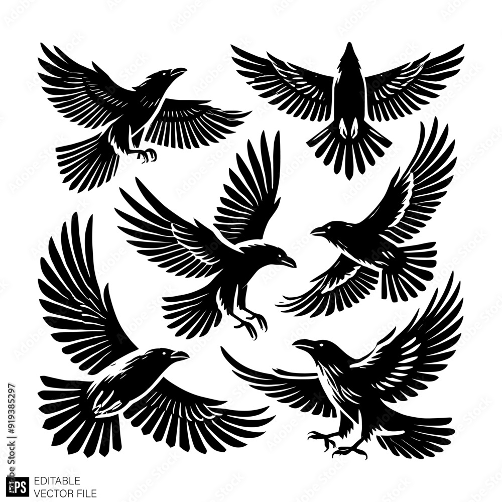 set of raven Clip Art Black and White Illustrations Graphic Design Elements Vector Silhouette set of raven Clip Art Black and White Illustrations Graphic Design Elements Vector Silhouette