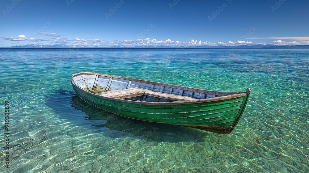 Fototapeta premium A tiny green vessel bobbing atop azure waters beside a sparkling blue coastline