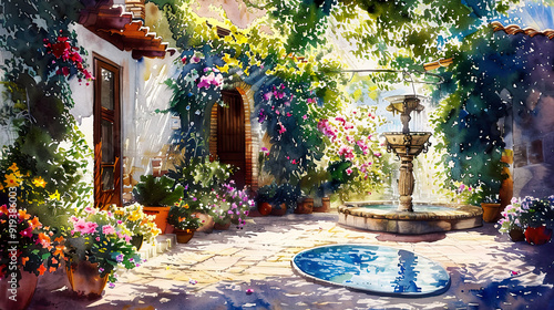 Realistic watercolor of a courtyard garden, blooming flowers, water fountain, bright morning light ,Ultra-High Detail, Ultra-Realistic