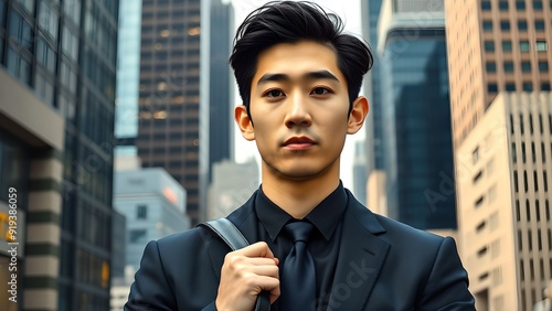 20代、30代のオフィス街にいるアジア人男性（日本人・韓国人イメージ）　Asian Man in His 20s or 30s Wearing a Suit in an Office District photo