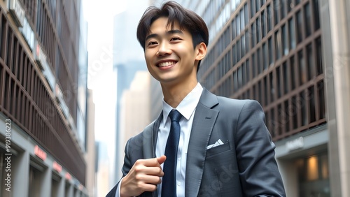 20代、30代のオフィス街にいるアジア人男性（日本人・韓国人イメージ）　Asian Man in His 20s or 30s Wearing a Suit in an Office District photo