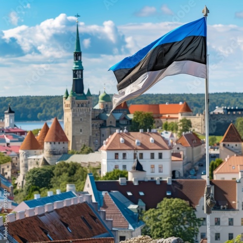 Estonian flag against the background of the old town on a sunny day